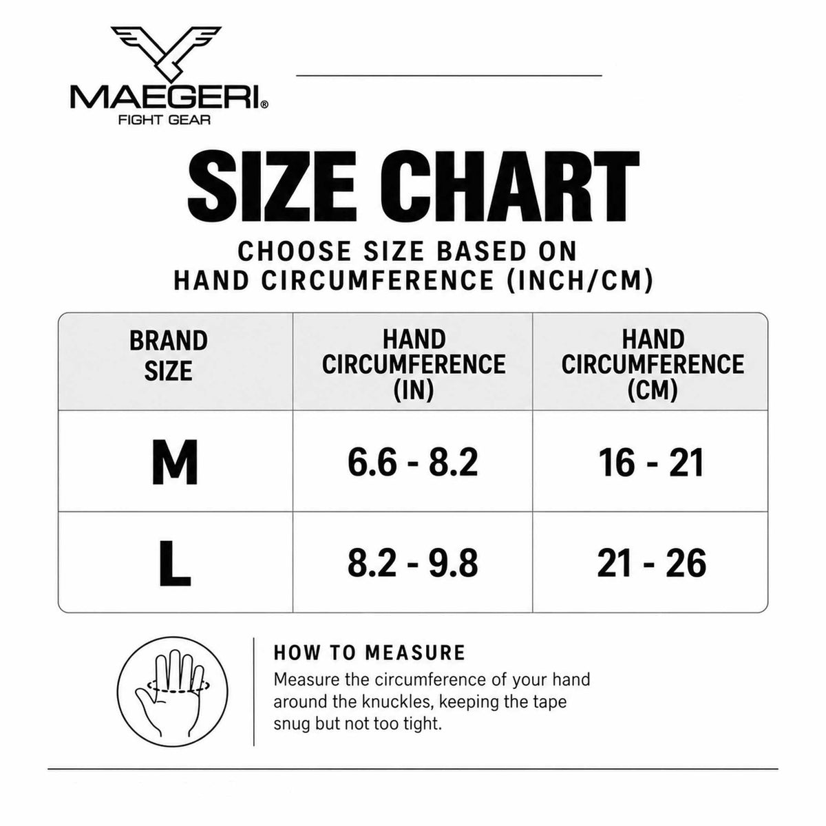 Maegeri 7 oz MMA Sparring Gloves - Size Chart
