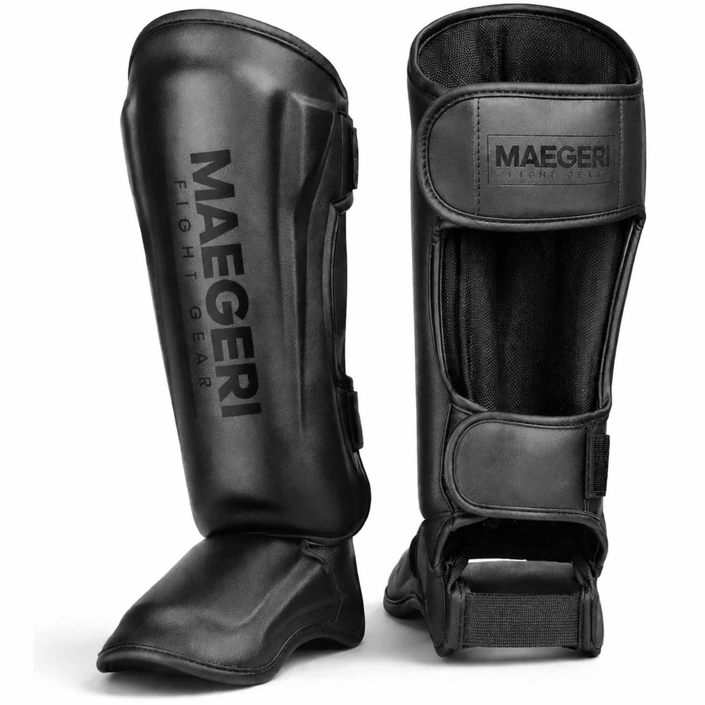 Maegeri MMA shin guards in black - front and back