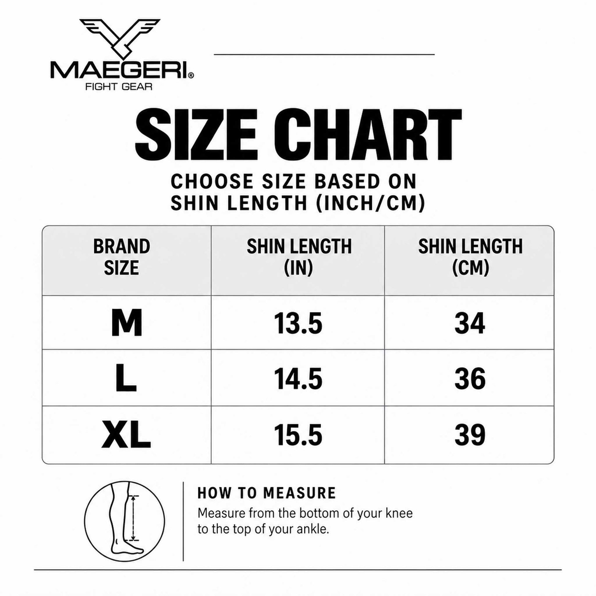 Maegeri MMA shin guards in black - size chart